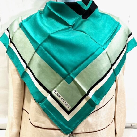 #38) Vintage  Pierre Balmain mini scarf 100% silk satin, 22"  dark navyBlue (38 - Picture 4 of 8